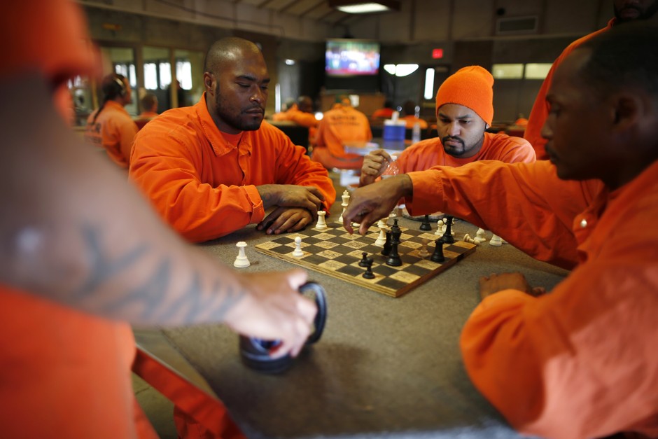 Prison inmates play chess at a conservation fire camp in Yucaipa, California.