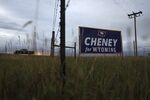 A campaign sign for Representative Liz Cheney in Laramie, Wyoming, on Aug. 14.