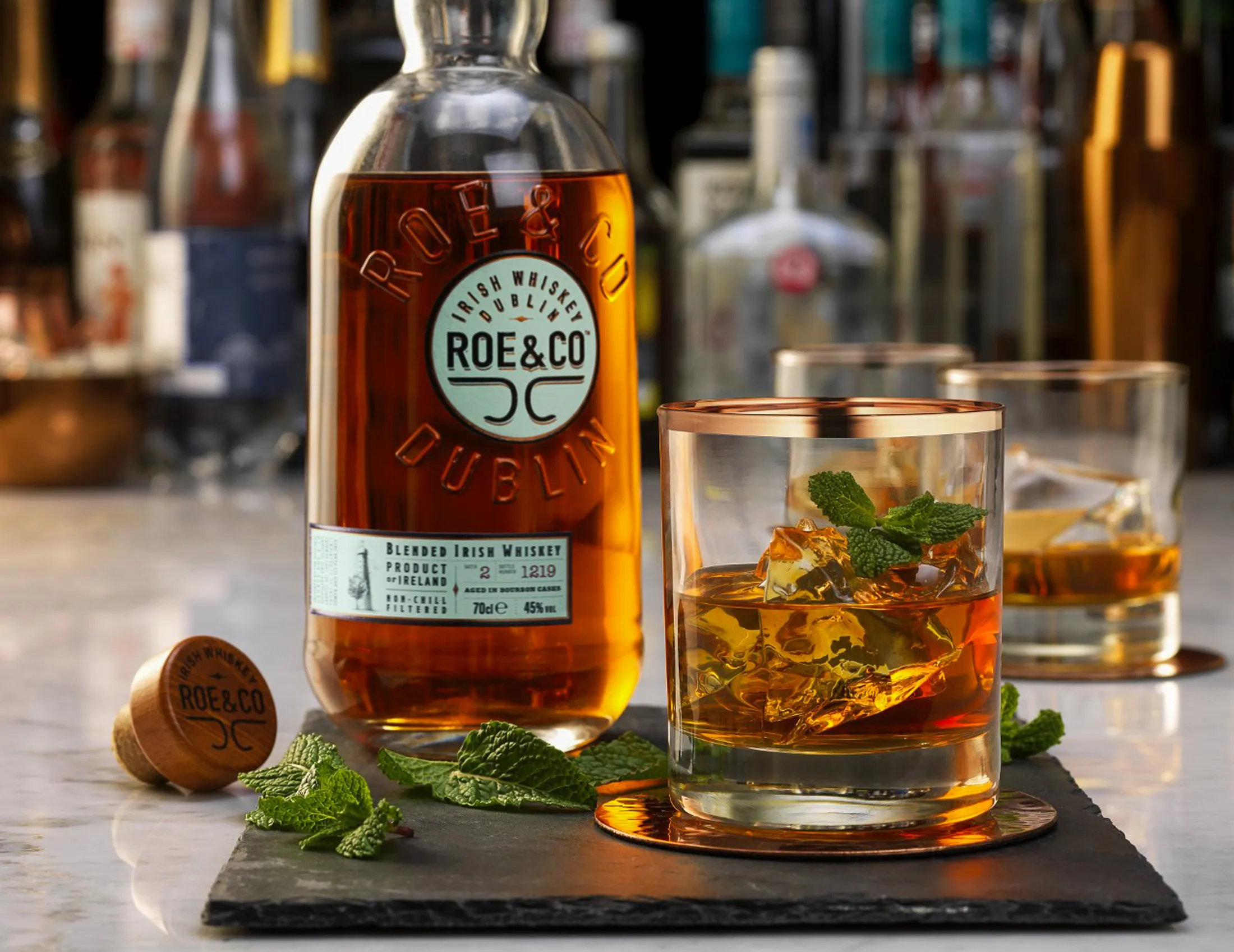 A bottle of Roe &amp; Co Irish whiskey, manufactured by Diageo.
