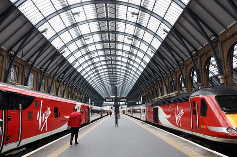 Virgin trains departing from King's Cross station in London.