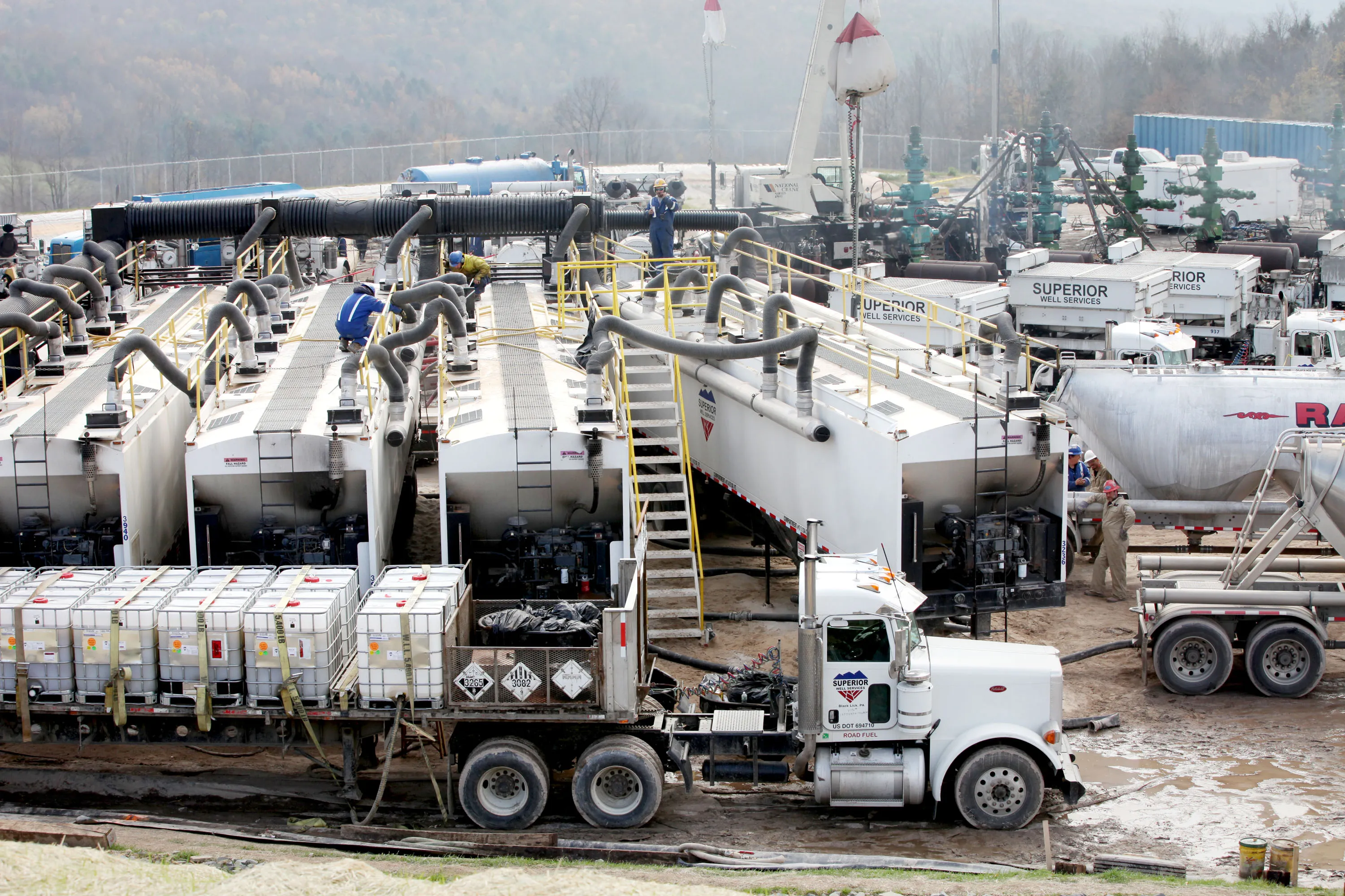 Workers check the sand flow at Southwestern Energy Co., natural gas production site during fracture stimulation in Camptown, Pennsylvania. Should Cuomo decide to run for president in 2016, a permanent ban on gas drilling may hurt his chances in states such as Ohio and Pennsylvania, where fracking has been a boon to the economy.
