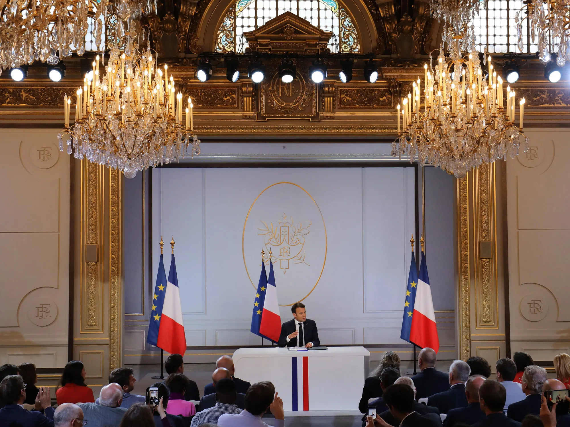 Emmanuel Macron speaks at the Elysee Palace in Paris on April 25.