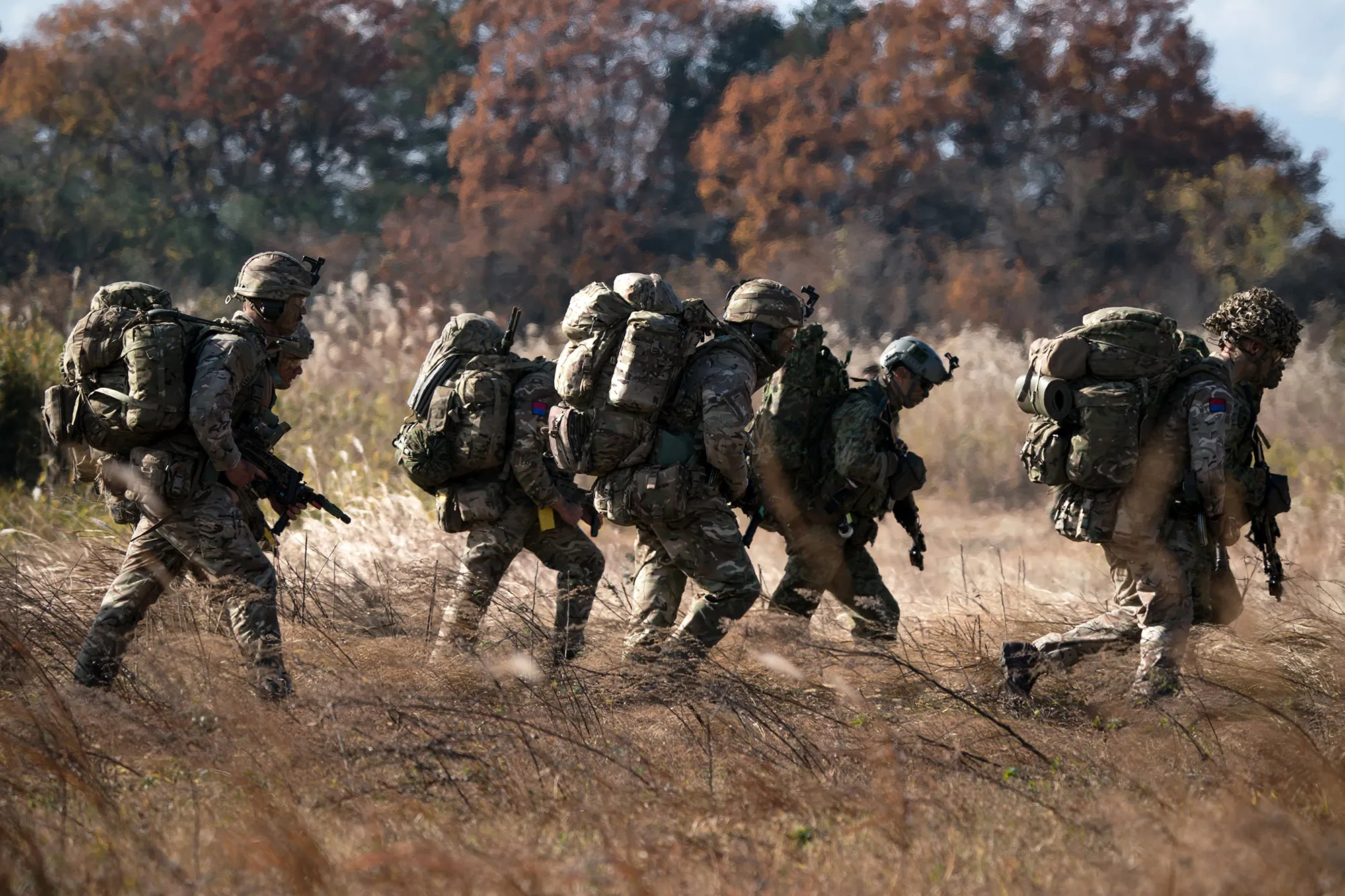 Japan Ground Self-Defense Force and soldiers of the British Army take part in the joint field exercise in Shinto Village, Gunma, Japan.