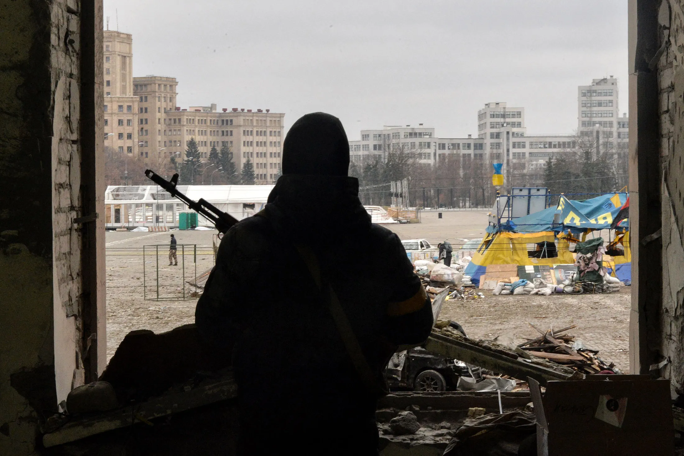 The central square outside the damaged local city hall of Kharkiv on March 1.