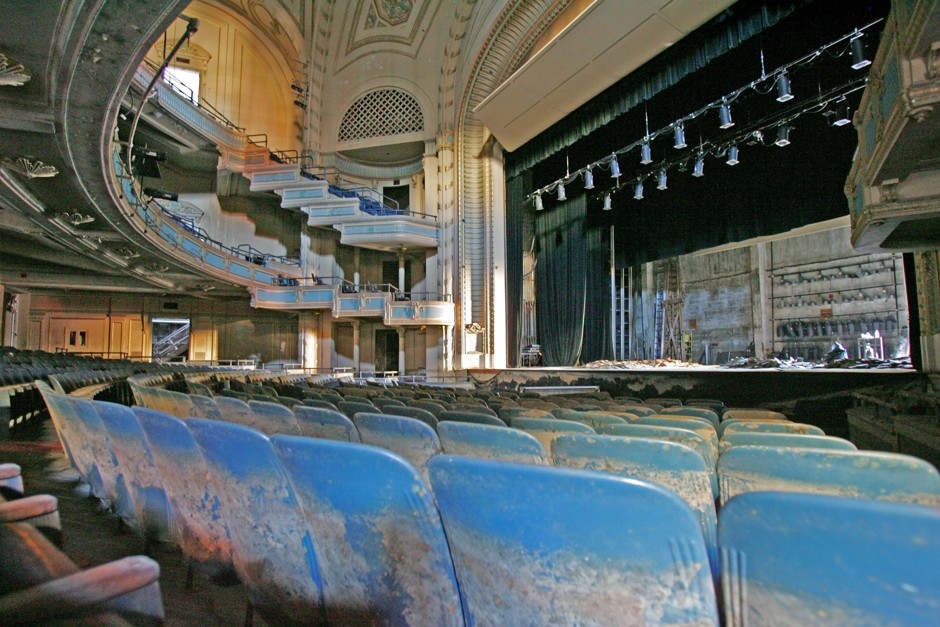 The stage and main seating of The Orpheum Theater, built in 1918, were damaged when it was flooded by Hurricane Katrina in New Orleans.