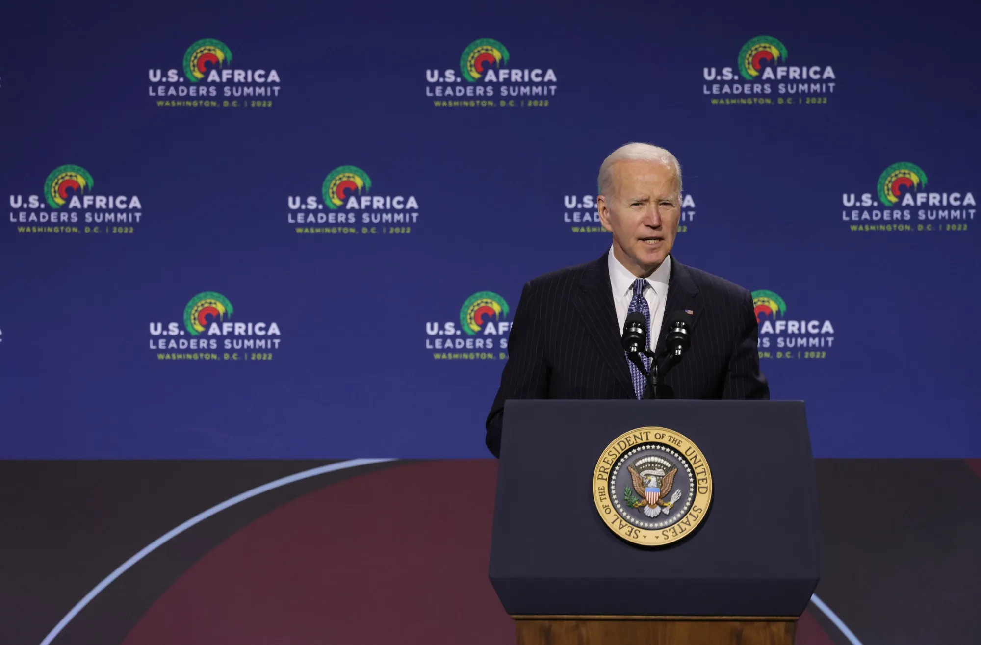 Joe Biden delivers remarks at the U.S. - Africa Leaders Summit on December 14 in Washington, DC.&nbsp;