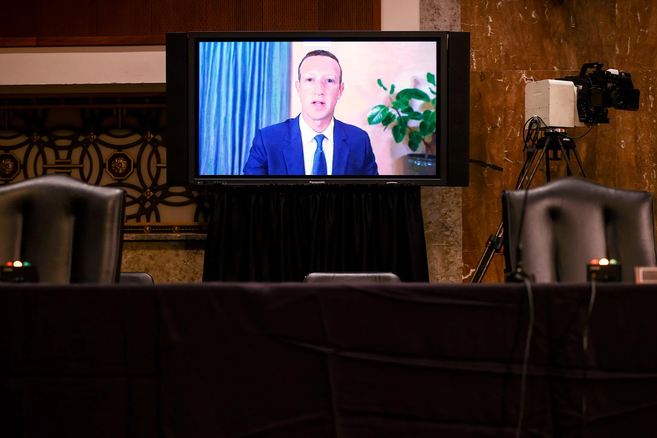 Facebook CEO Mark Zuckerberg testifies remotely before the Senate Judiciary Committee on Nov. 17.