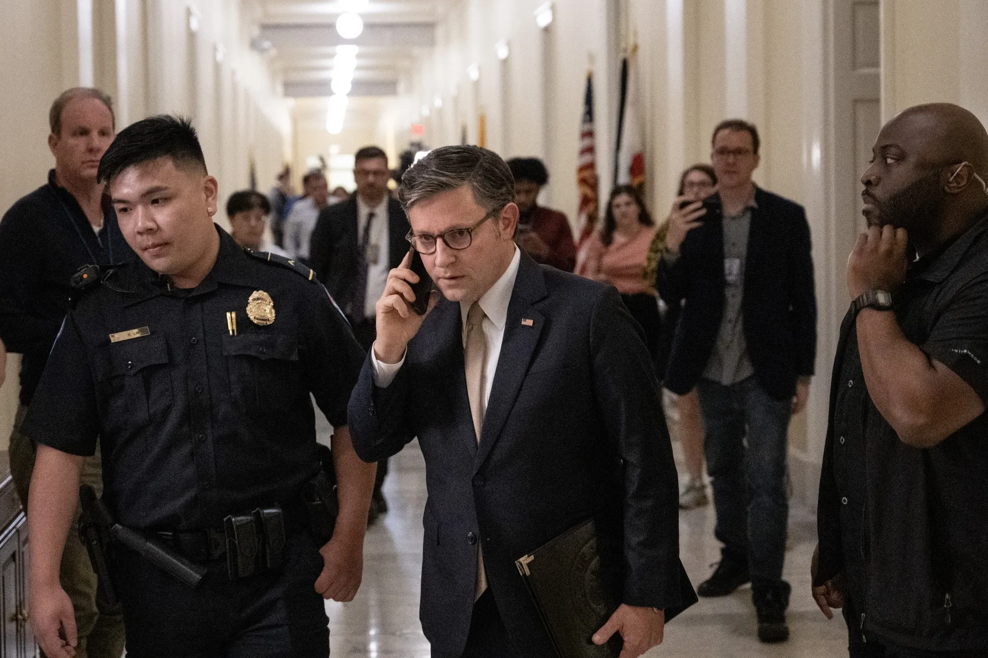 US House Speaker Mike Johnson, a Republican from Louisiana, center, arrives before a House Budget Committee meeting at the US Capitol&nbsp;on May 18.&nbsp;Guggenheim Securities Co-Chair&nbsp;Jim Millstein warned that the proposed GOP budget could have dire consequences in a downturn.