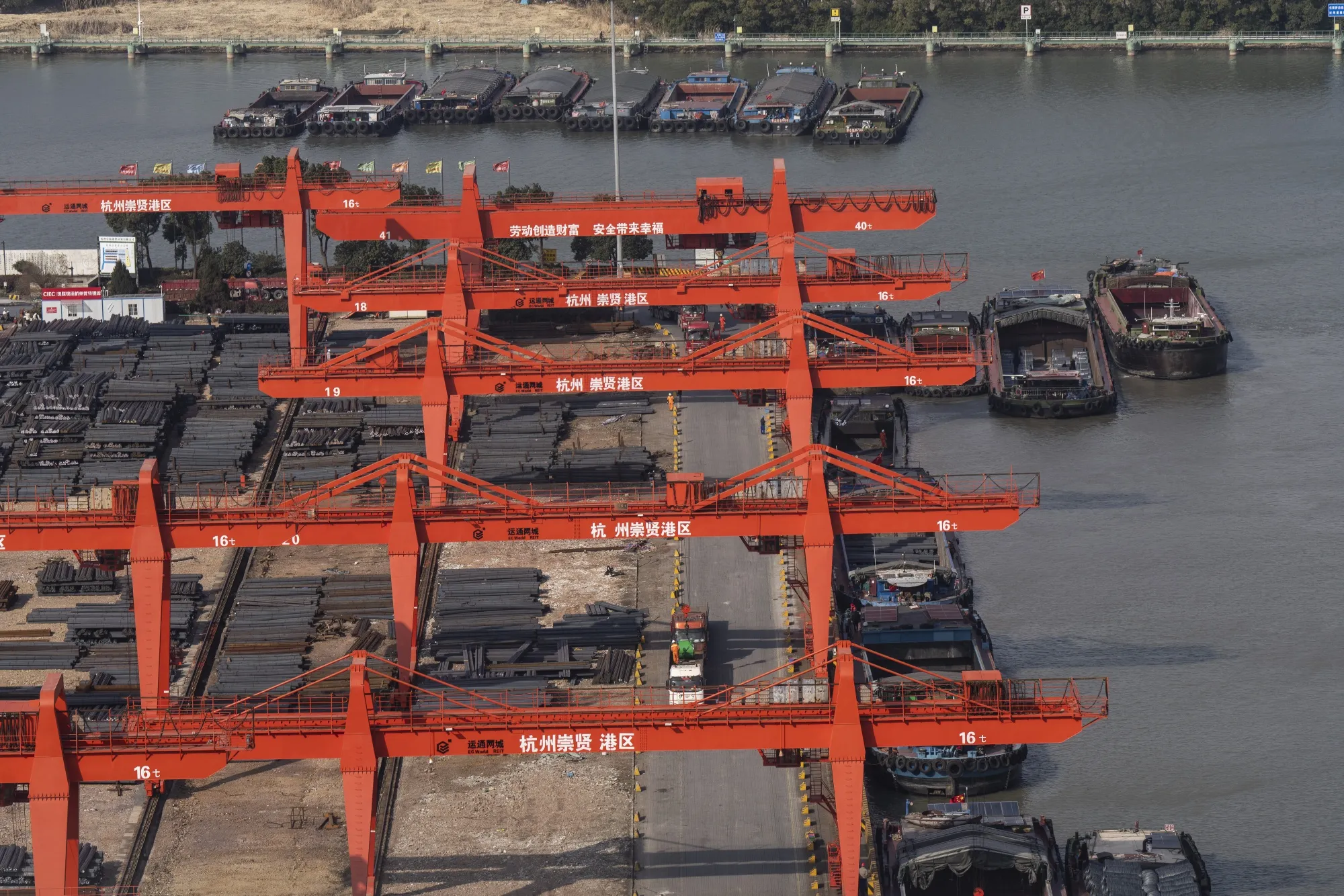 A steel storage yard near a river port on the Grand Canal in Hangzhou, China&nbsp;