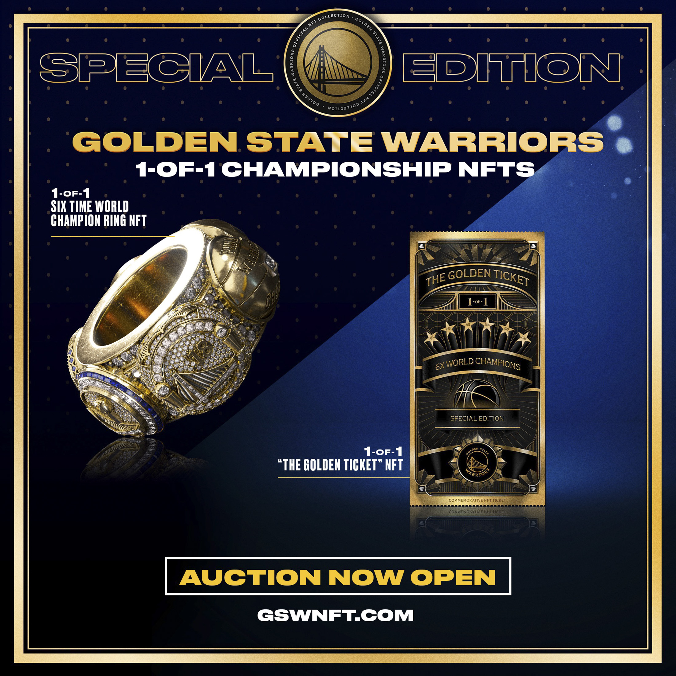 The Golden State Warriors’ championship ring NFT and commemorative ticket stub NFT.
