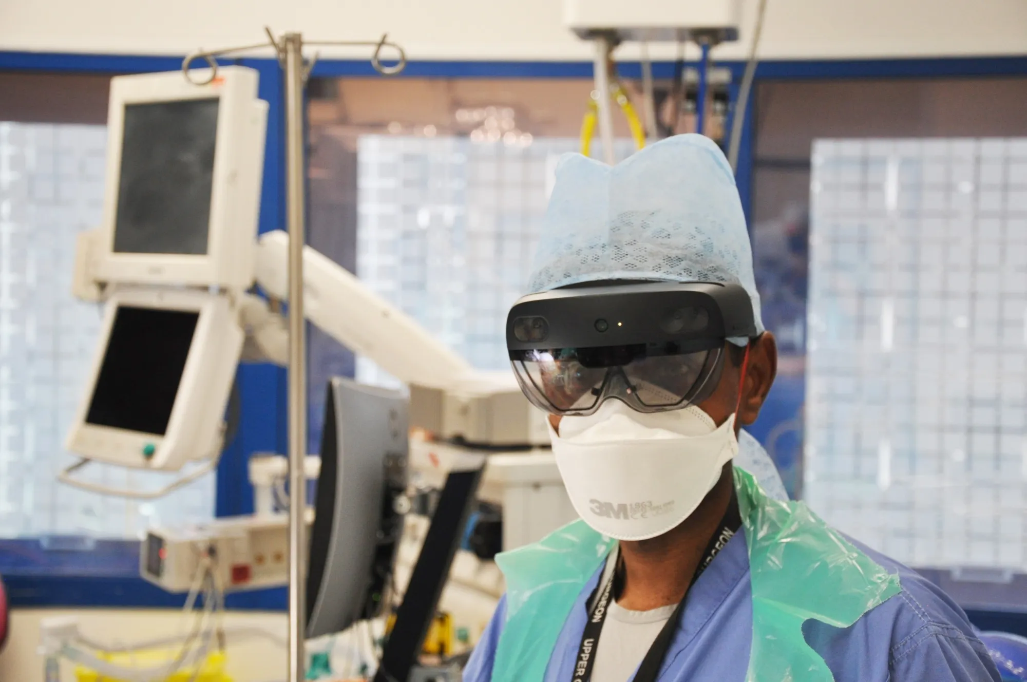 A health-care worker wears HoloLens 2 goggles at St. Mary’s Hospital.