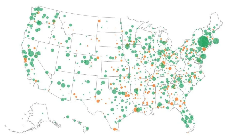 Screenshot of an interactive map showing how metro areas lost and gained during the pandemic.&nbsp;