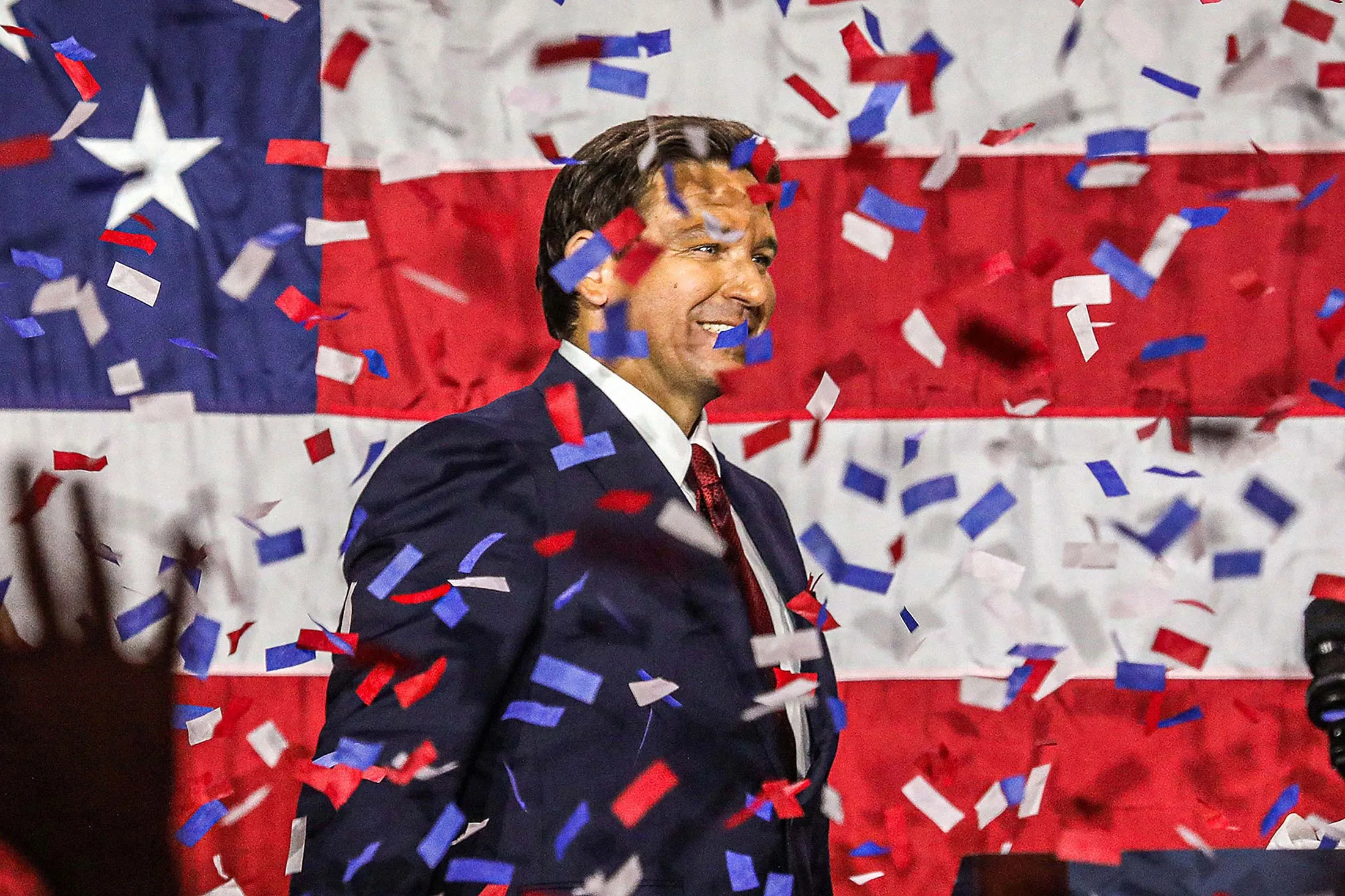 DeSantis onstage at an election-night watch party at the Tampa Convention Center on Nov. 8.&nbsp;