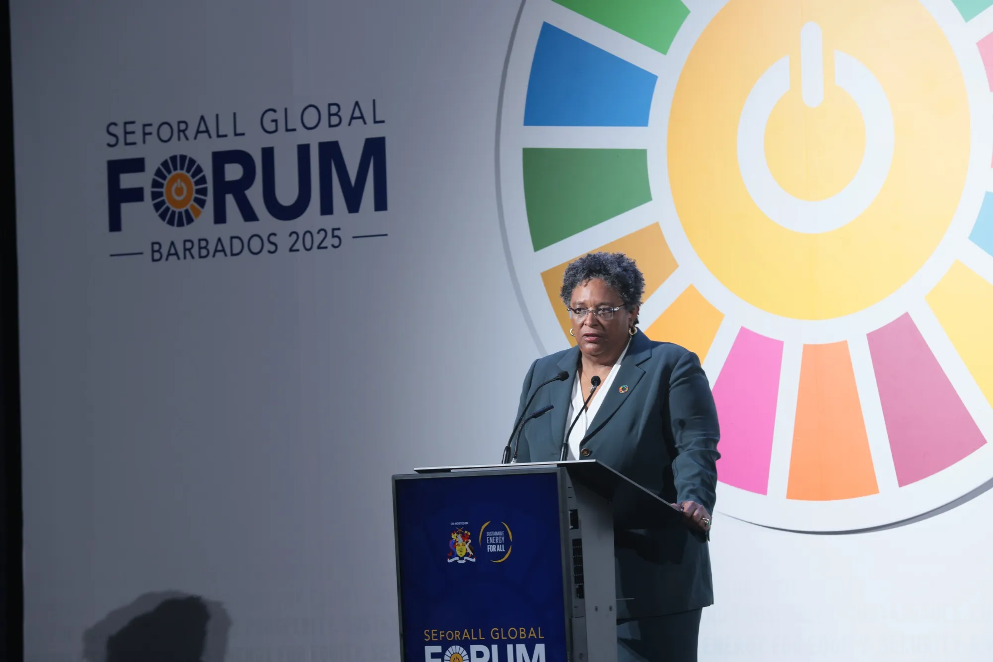 Barbados Prime Minister Mia Mottley speaks at the Sustainable Energy for All Global Forum in Bridgetown on Mar. 12, 2025.
