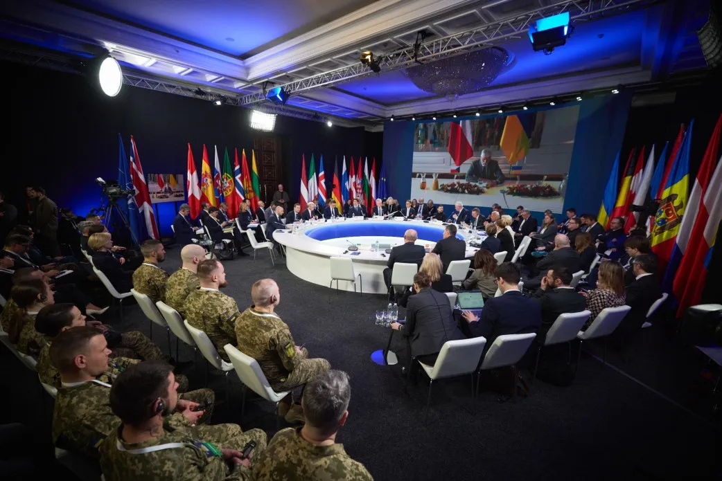 Volodymyr Zelenskiy and European leaders in Kyiv on Feb. 24.