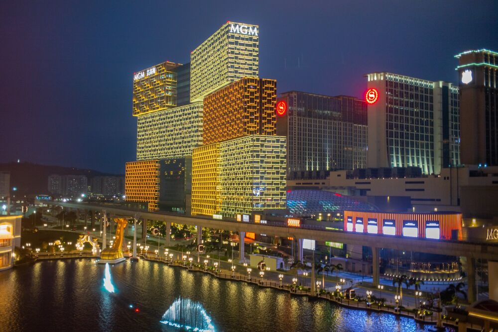 The MGM Grand Macau casino, left, stands illuminated at night in Macau on March 3.