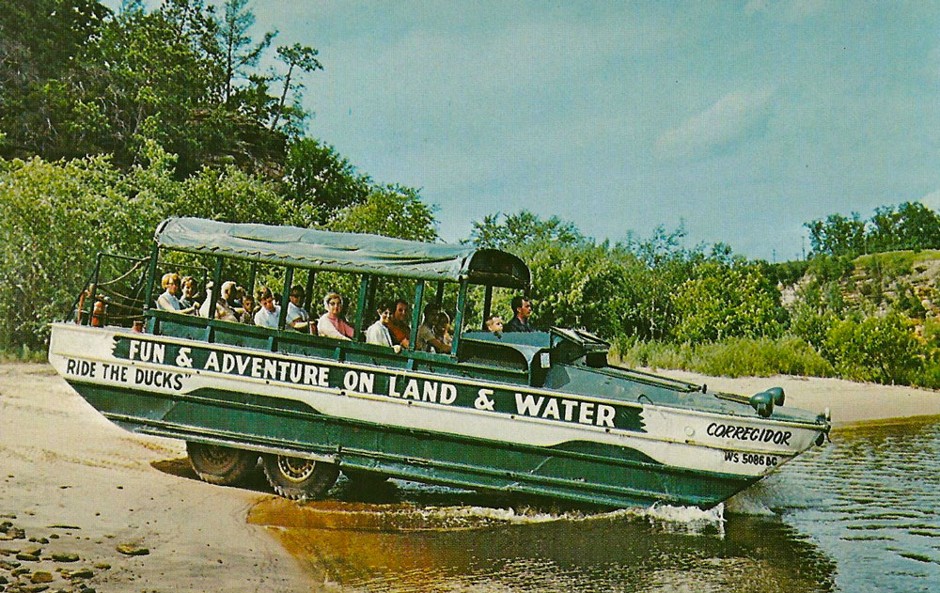 A Wisconsin Duck tour of the Wisconsin Dells in the 1960s. The Wiconsin Ducks were the first to bring amphibious vehicles to the tourism industry.