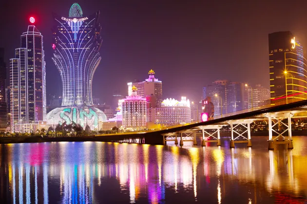 Governor Nobre de Carvalho Bridge, also know as the Macau-Taipa Bridge, with casinos and hotels