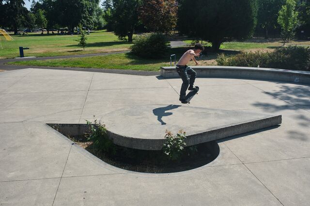 A skateboarder performs a trick on one of the biofiltration islands designed for natural onsite treatment of stormwater at the Ed Benedict Skate Plaza in Portland.