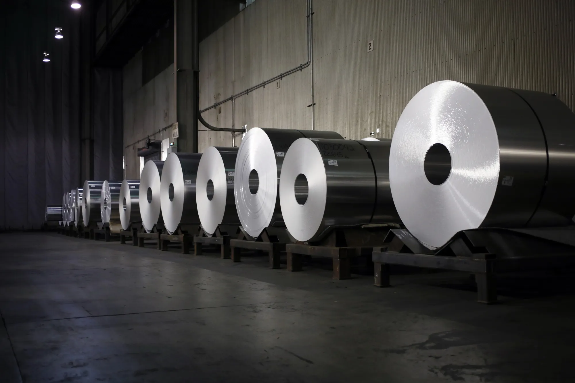Aluminum coils in a cooling area at a manufacturing facility in Alcoa, Tennessee.