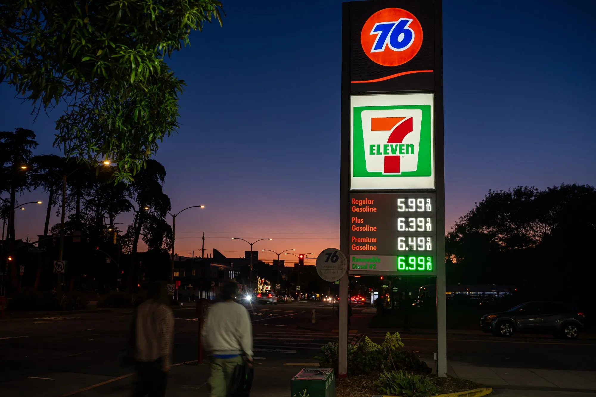 A sign displays the prices of unleaded gasoline and diesel fuel at a 76 gas station in San Francisco, California, US, on Thursday, March 19, 2026.
