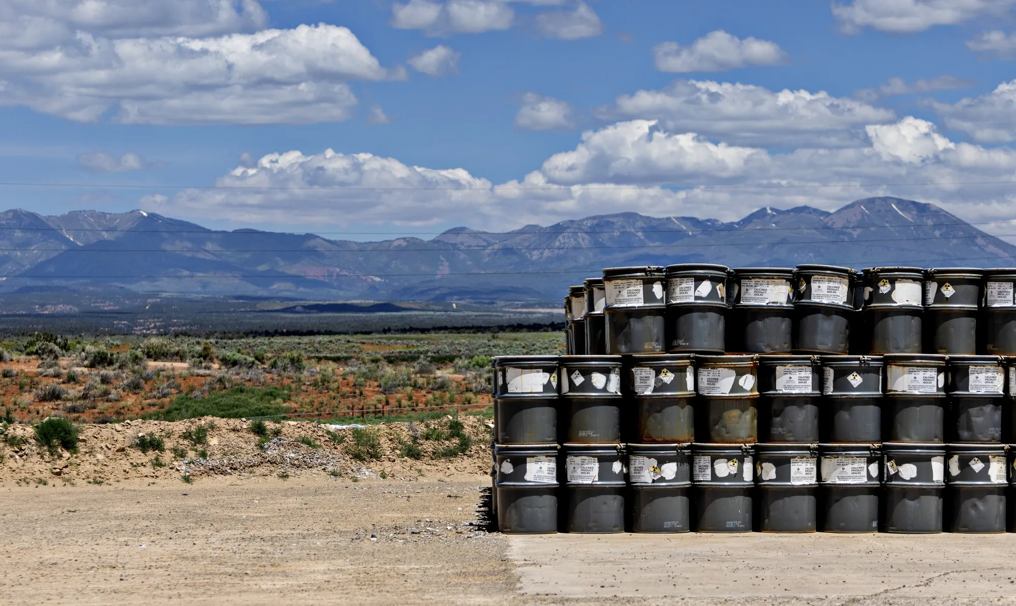 Barrels stored at the Energy Fuels White Mesa Mill uranium production facility in Blanding, Utah.