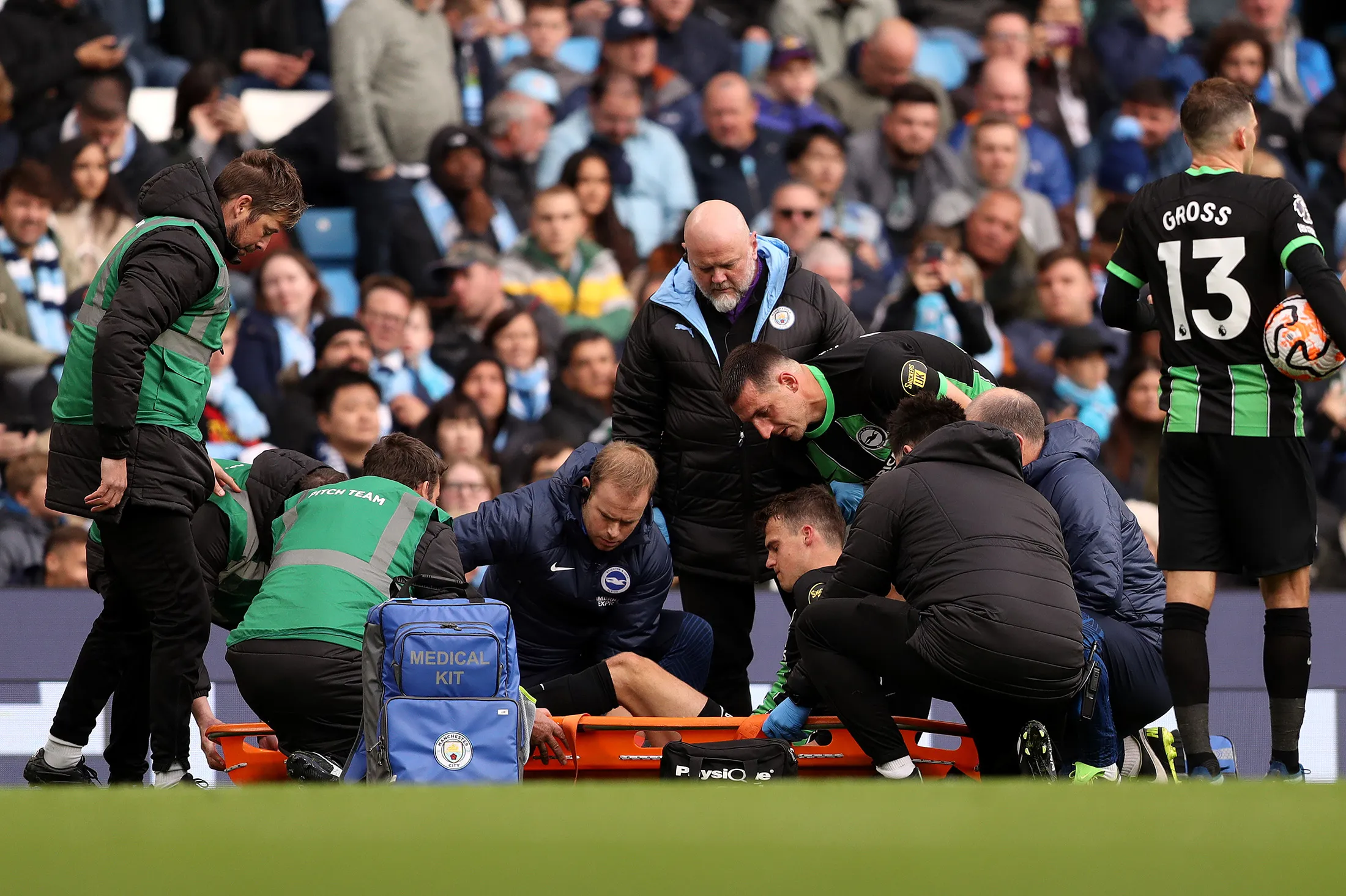 A player taken off&nbsp;the field on a stretcher after receiving medical treatment during the Premier League match between Manchester City and Brighton &amp; Hove Albion at Etihad Stadium on Oct.&nbsp;21.