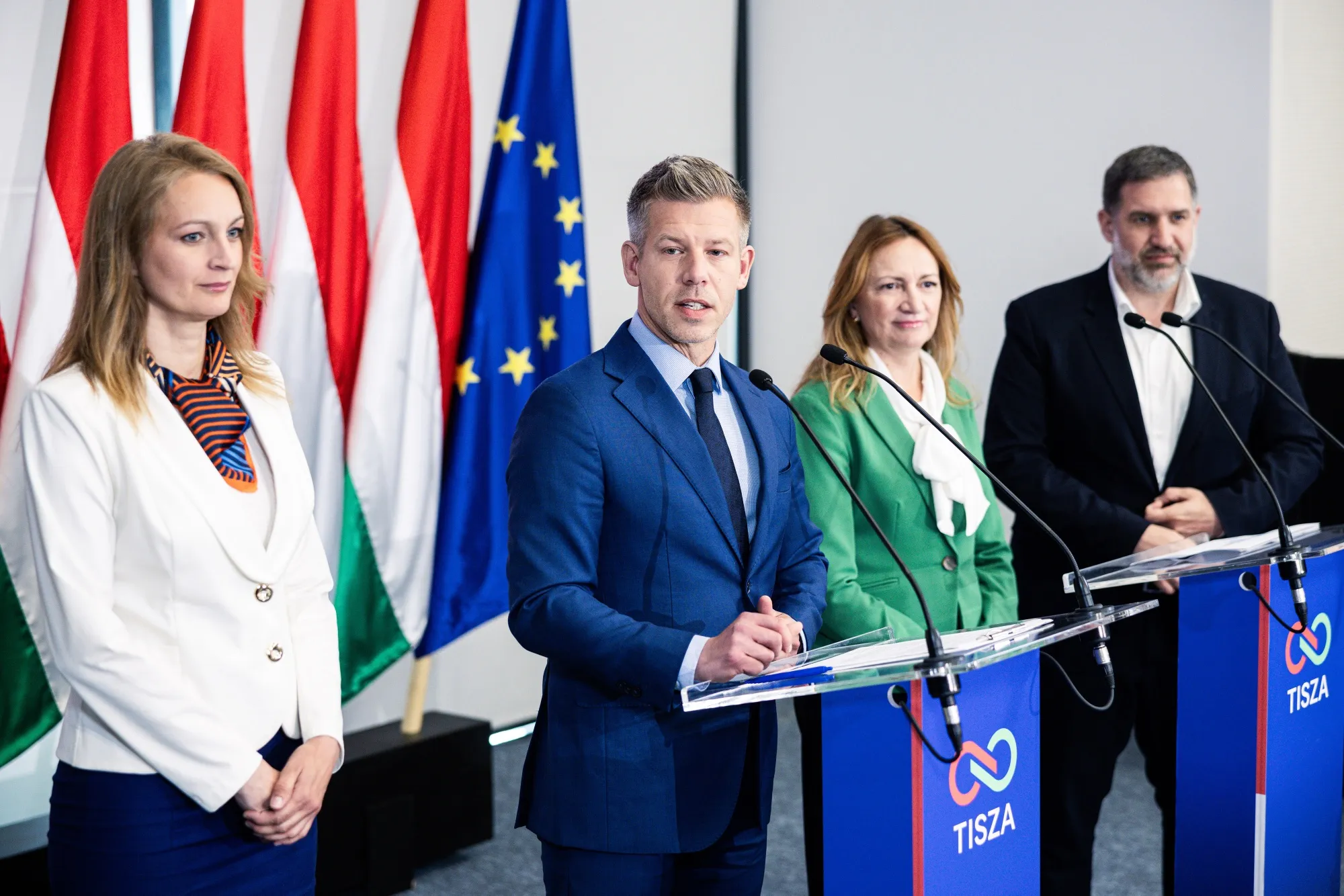 Peter Magyar, second left at a news conference in Budapest, on April 20.