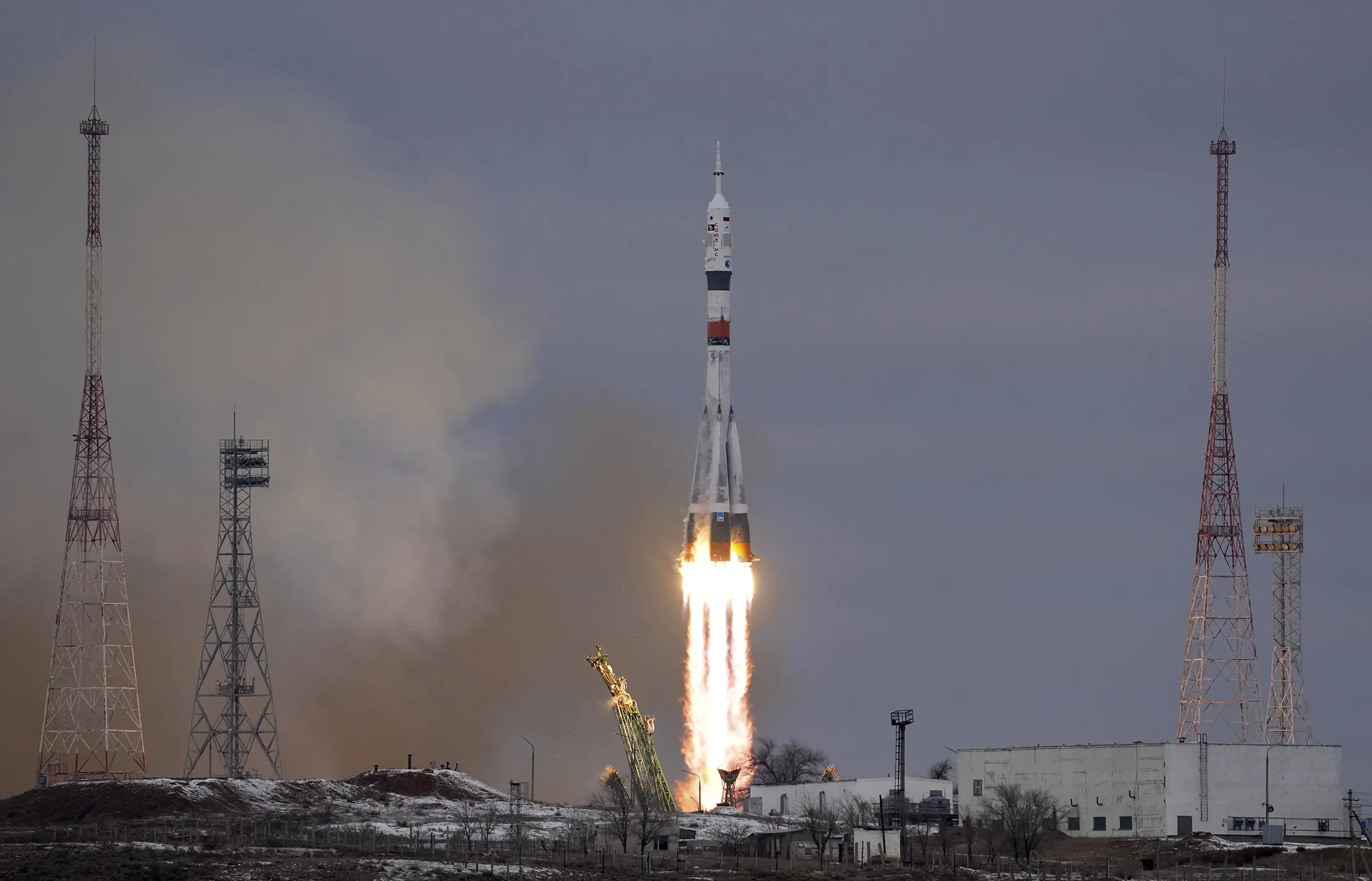 The Soyuz rocket blasts off to the International Space Station from the Baikonur Cosmodrome in Kazakhstan on Dec. 8, 2021.