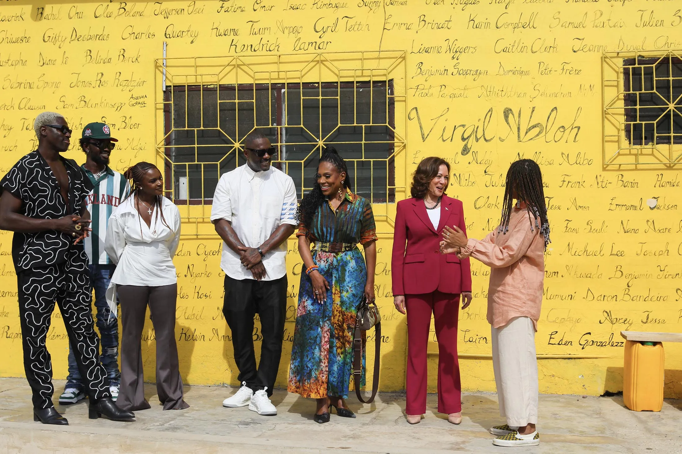 Kamala Harris visits the Vibrate Space&nbsp;community recording studio with Idris Elba, center, and Sheryl Lee Ralph, center right, in Accra, Ghana, on March 27.