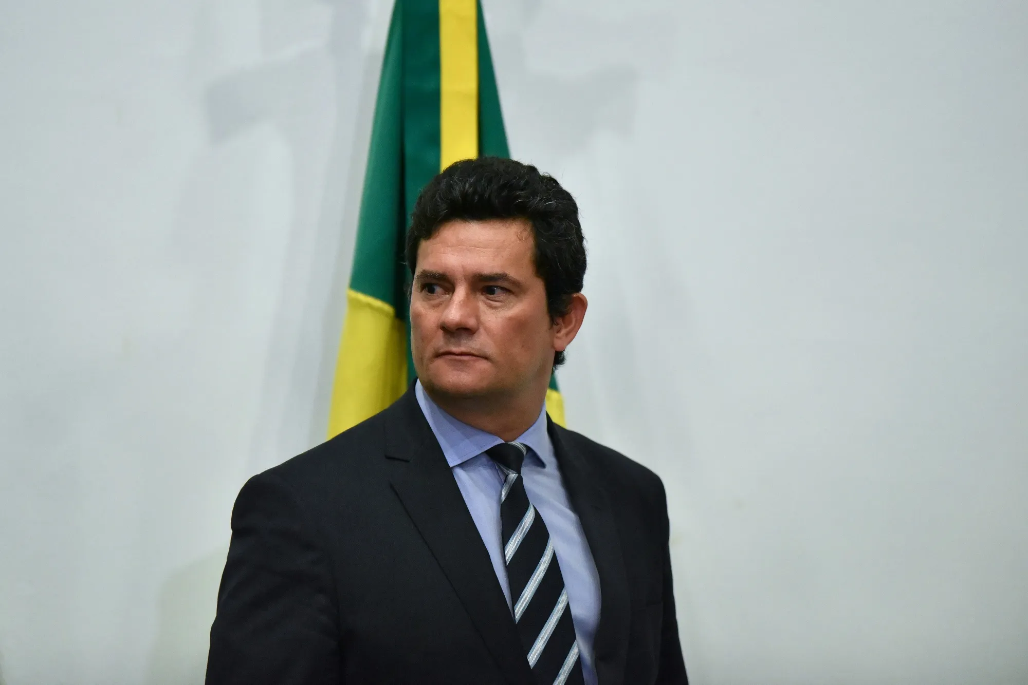 Sergio Moro arrives for a news conference at the Ministry of Justice in Brasilia on April 24.