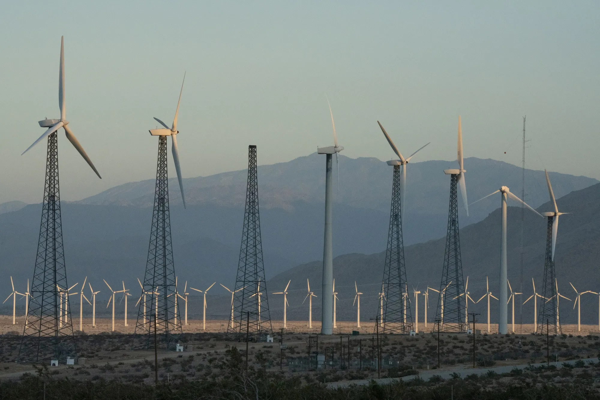 Wind turbines at the San Gorgonio Pass wind farm in Whitewater, California.