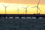 Onshore wind turbines in Wilhelmshaven, Germany.