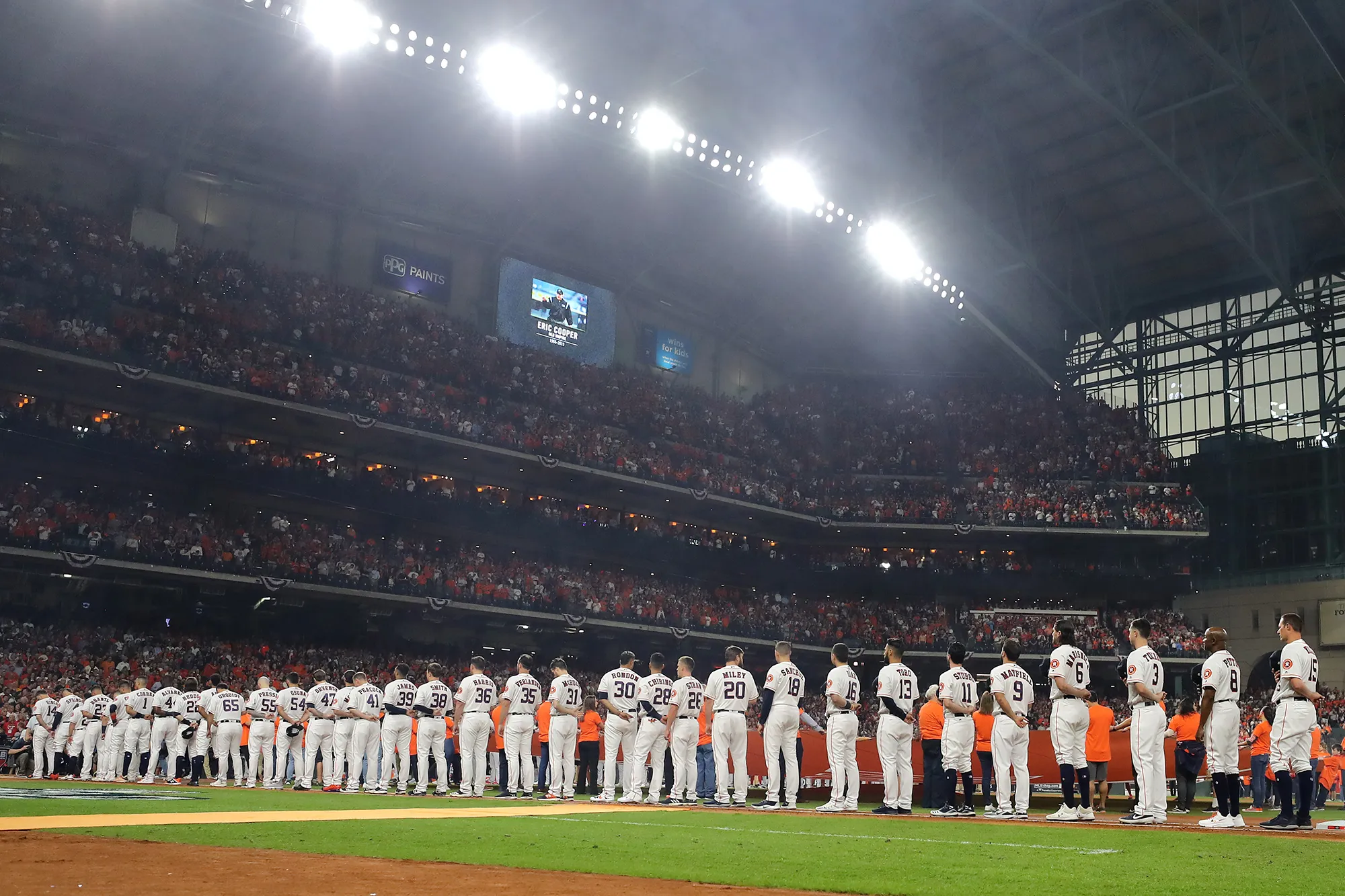 The Houston Astros stand&nbsp;for the national anthem prior to Game One of the World Series against the Washington Nationals in Houston in 2019.