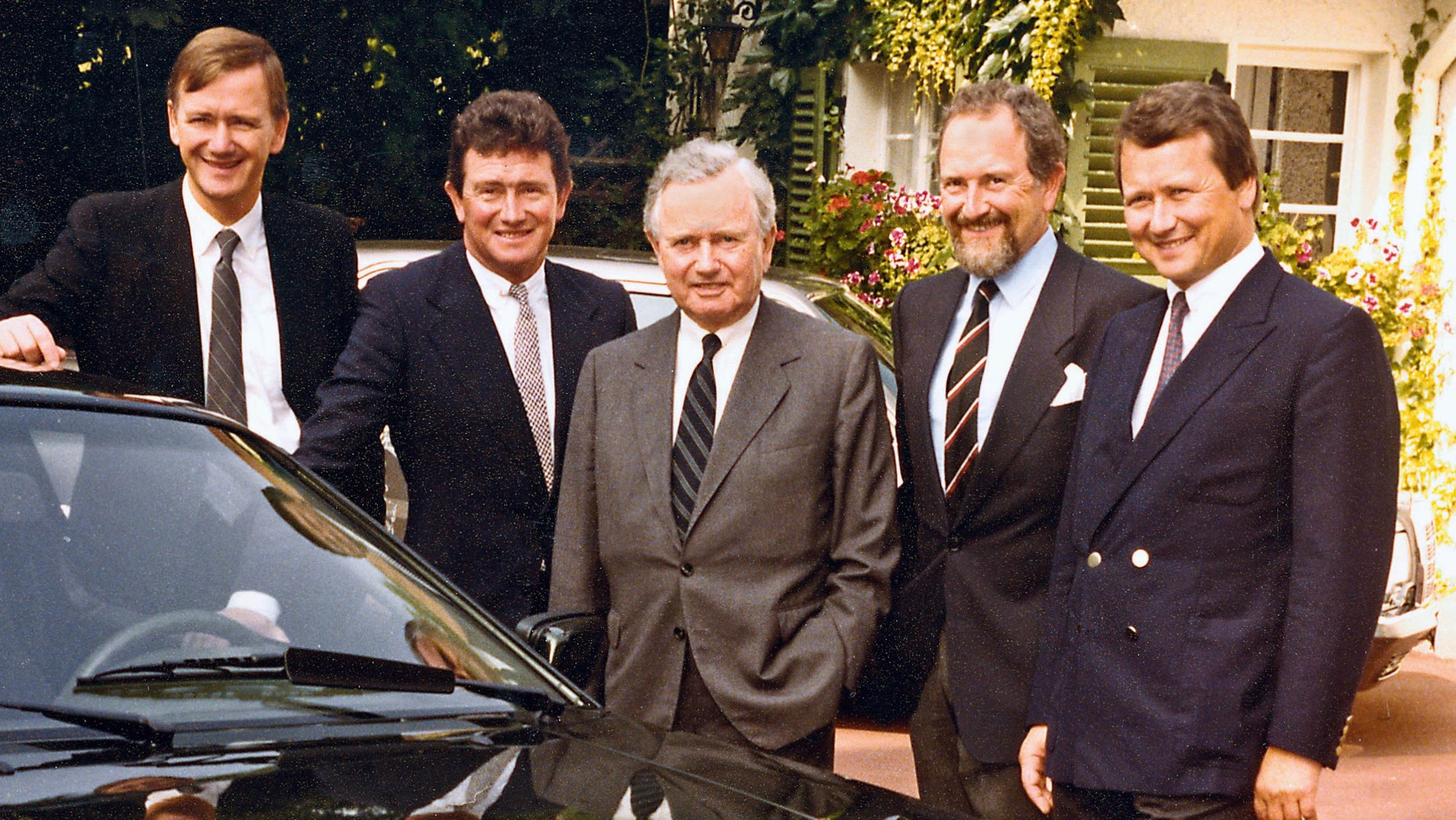 Wolfgang Porsche (right) celebrates&nbsp;the 75th&nbsp;birthday of his father&nbsp;Ferry (center)&nbsp;at the Porsche villa in Stuttgart in 1984, with brothers Hans-Peter (left), Gerhard (second from left), and Ferdinand Alexander.
