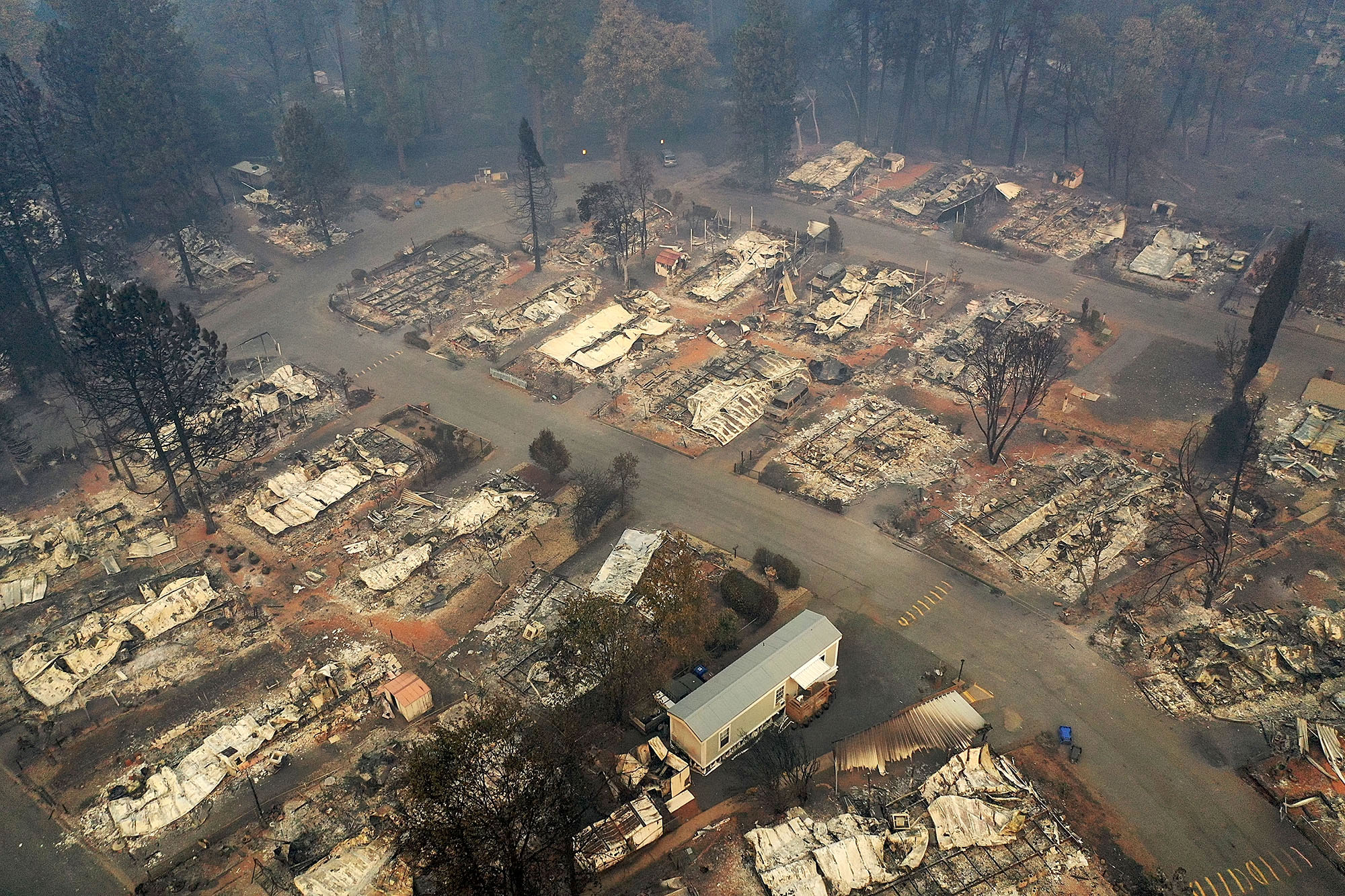 A neighborhood destroyed by the Camp Fire in Paradise, California in 2018.