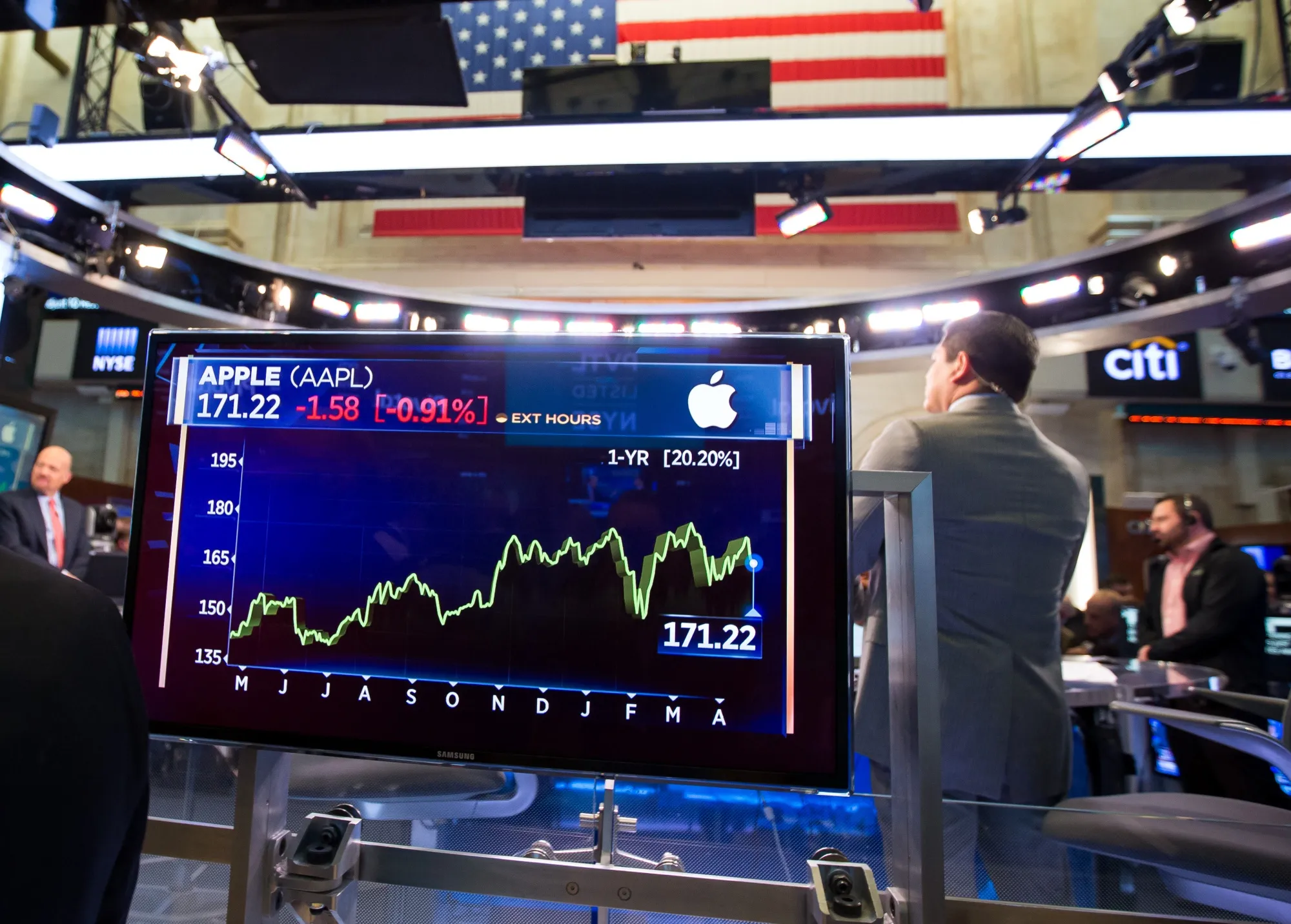 A television monitor displays an Apple Inc. stock chart on the floor of the New York Stock Exchange (NYSE) in New York.