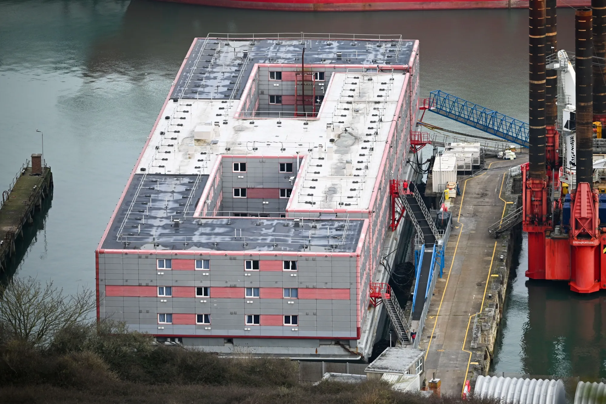 The Bibby Stockholm immigration barge in Portland Port, on Feb. 27.