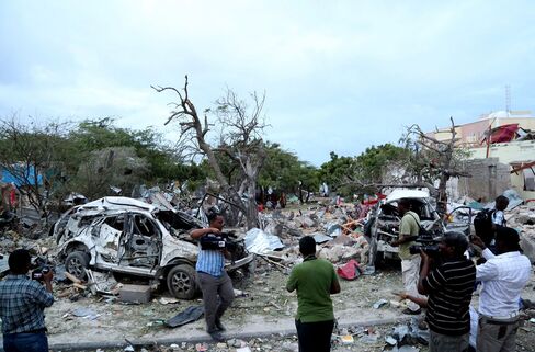Damage follwing a bamb attack at the gate of the Jazeera hotel in Mogadishu, Somalia, on July 26, 2015.