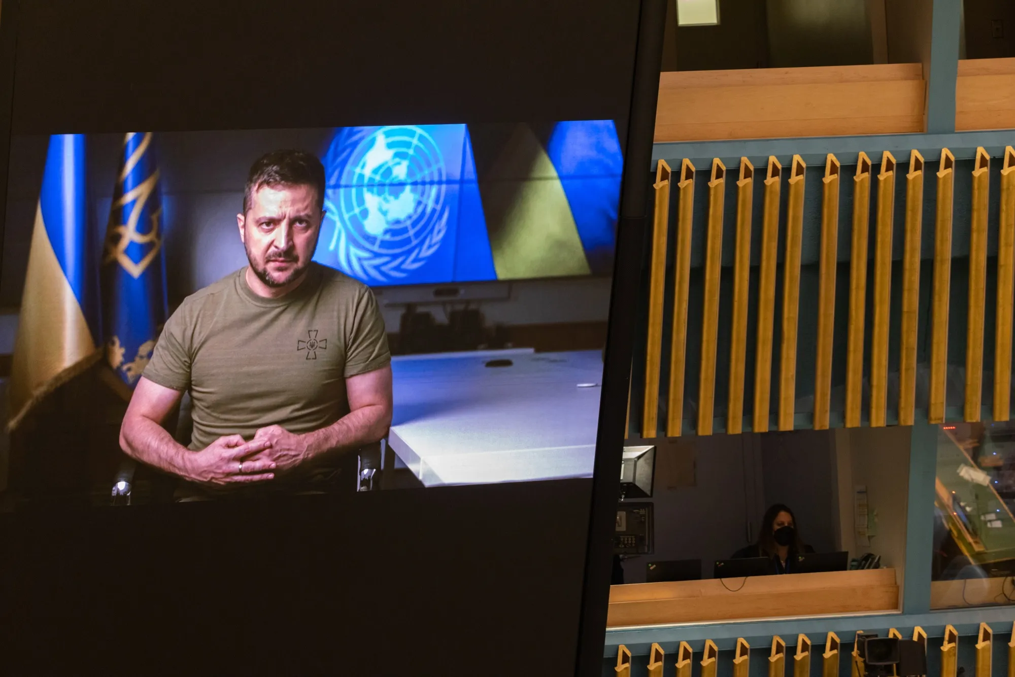 Volodymyr Zelenskiy&nbsp;on a monitor during the United Nations General Assembly (UNGA) in New York on&nbsp;Sept. 21.