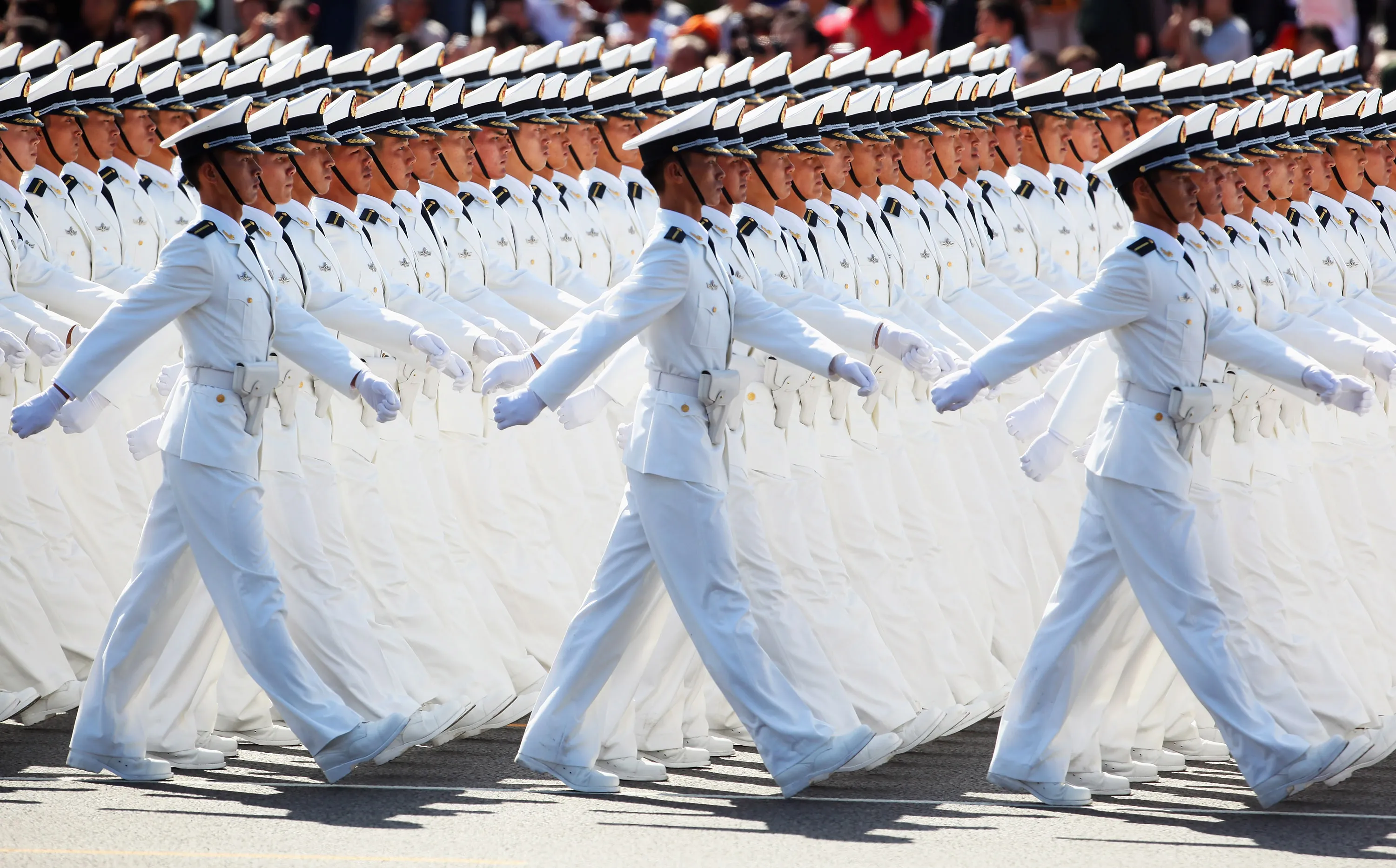 Chinese People's Liberation Army sailors march&nbsp;during a celebration for the founding of the People's Republic of China in Beijing, China.&nbsp;