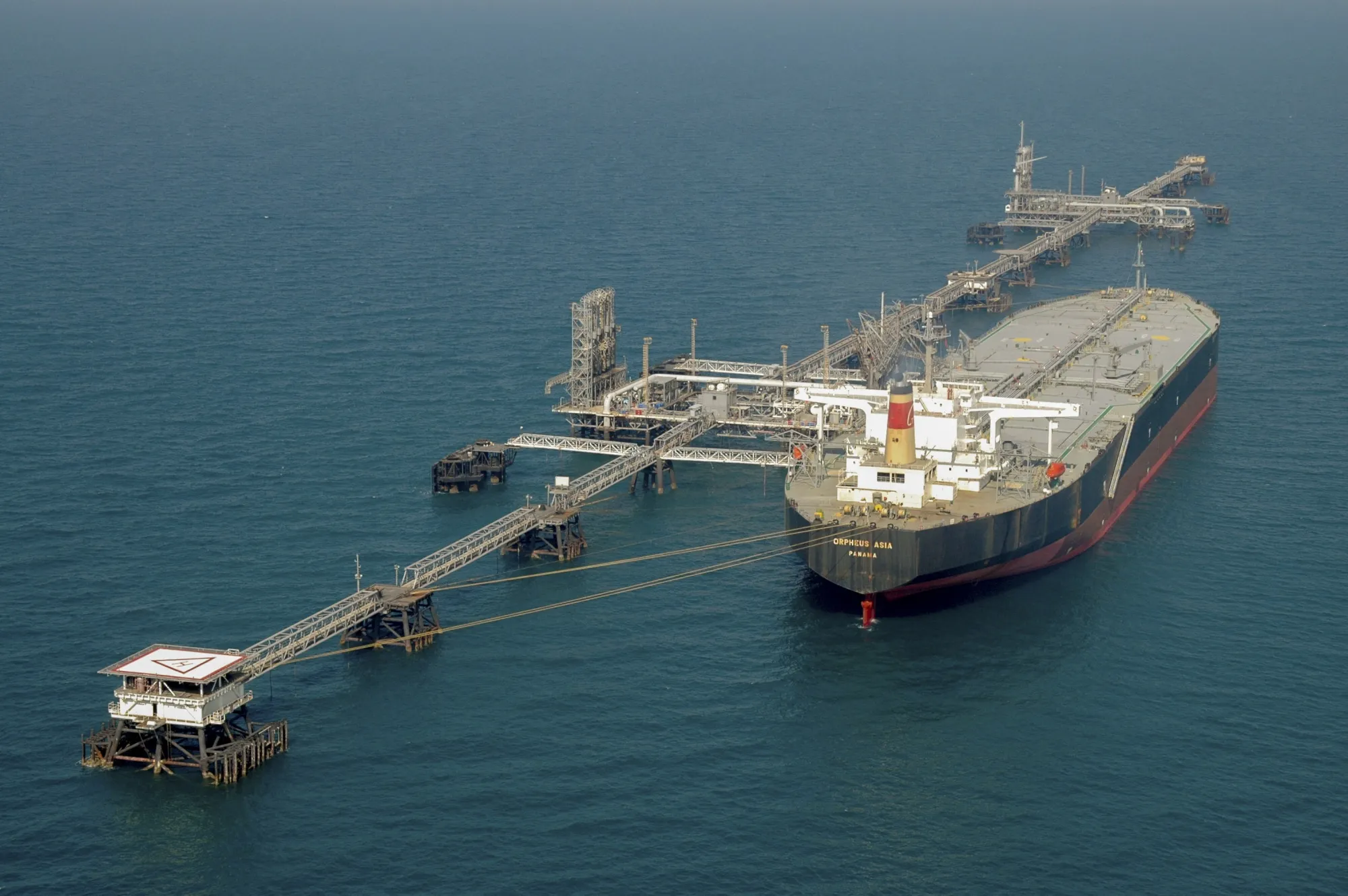 A crude oil tanker docked at an offshore terminal in the Persian Gulf.