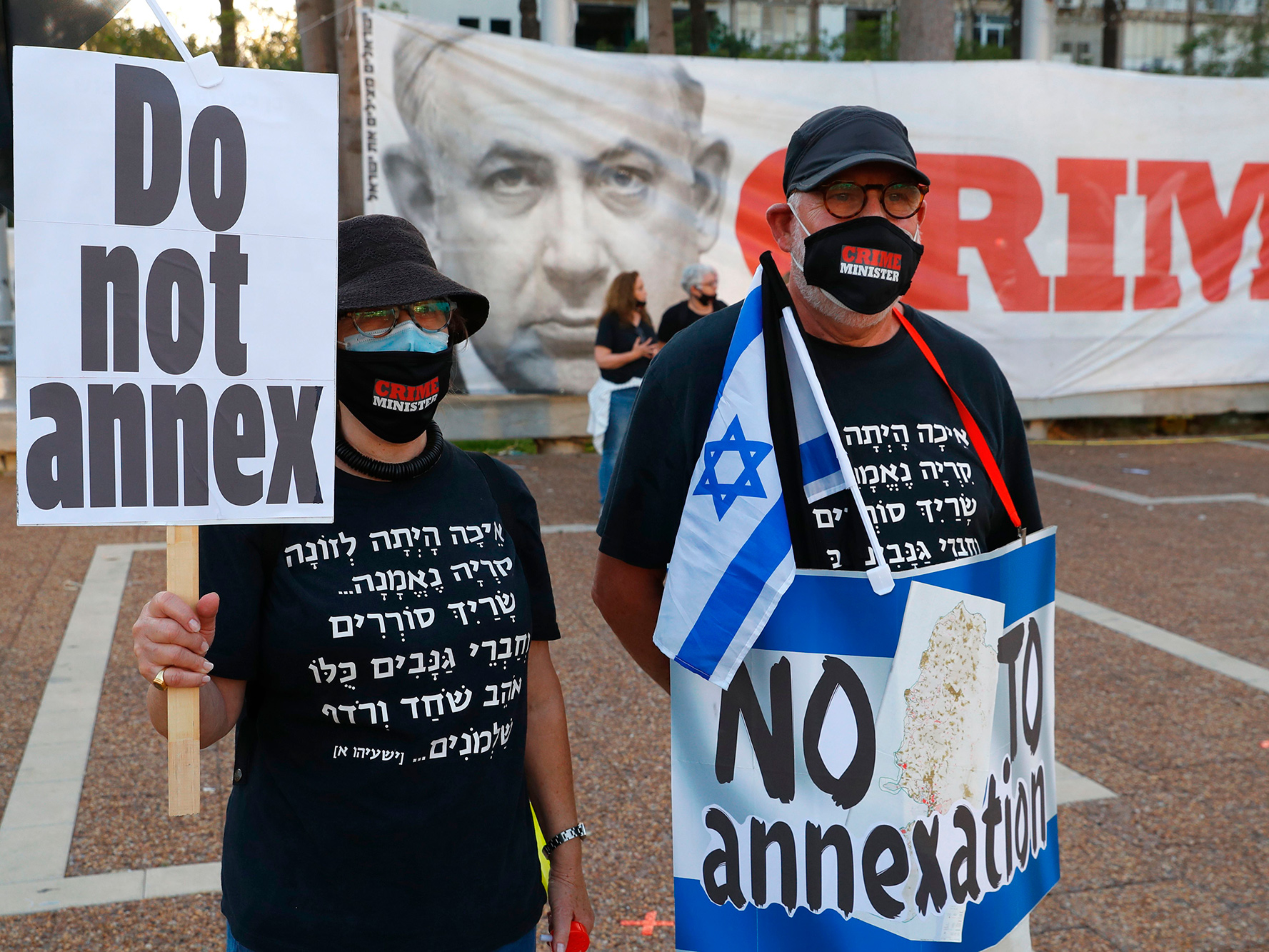 Protesters demonstrating against Israel's West Bank annexation plans, in Tel Aviv, on June 6.