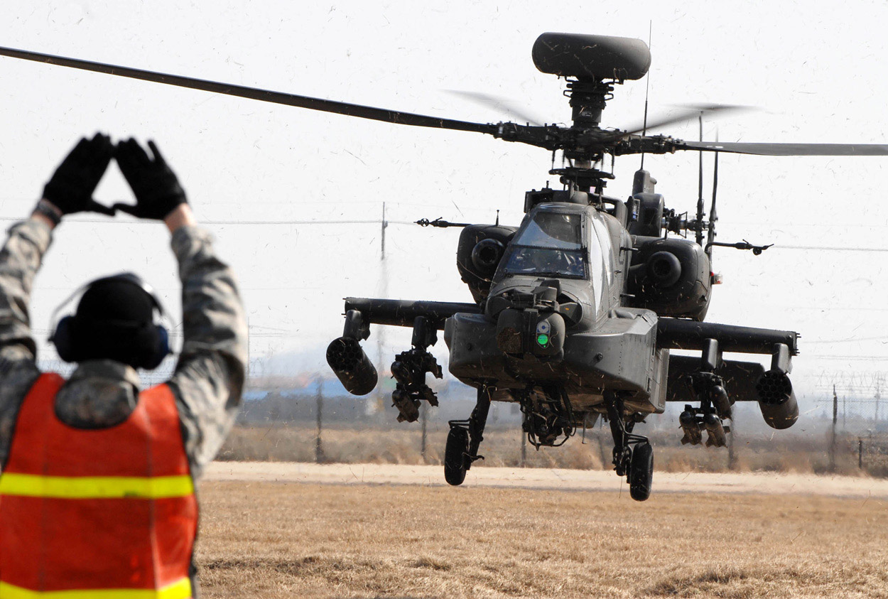 A Boeing AH-64 Apache attack helicopter.