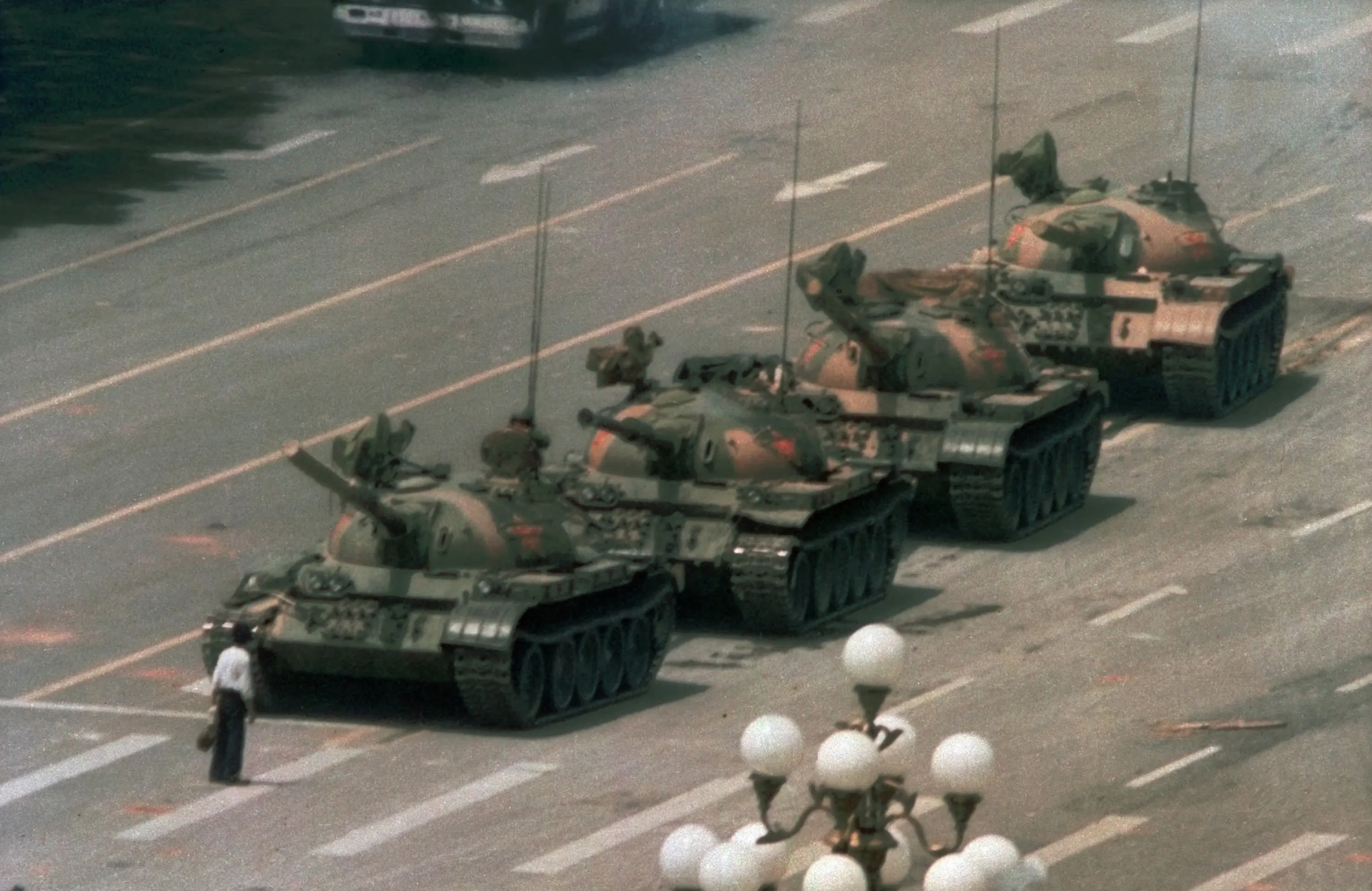 A man stands alone to block a line of tanks near Tiananmen Square on June 5, 1989.