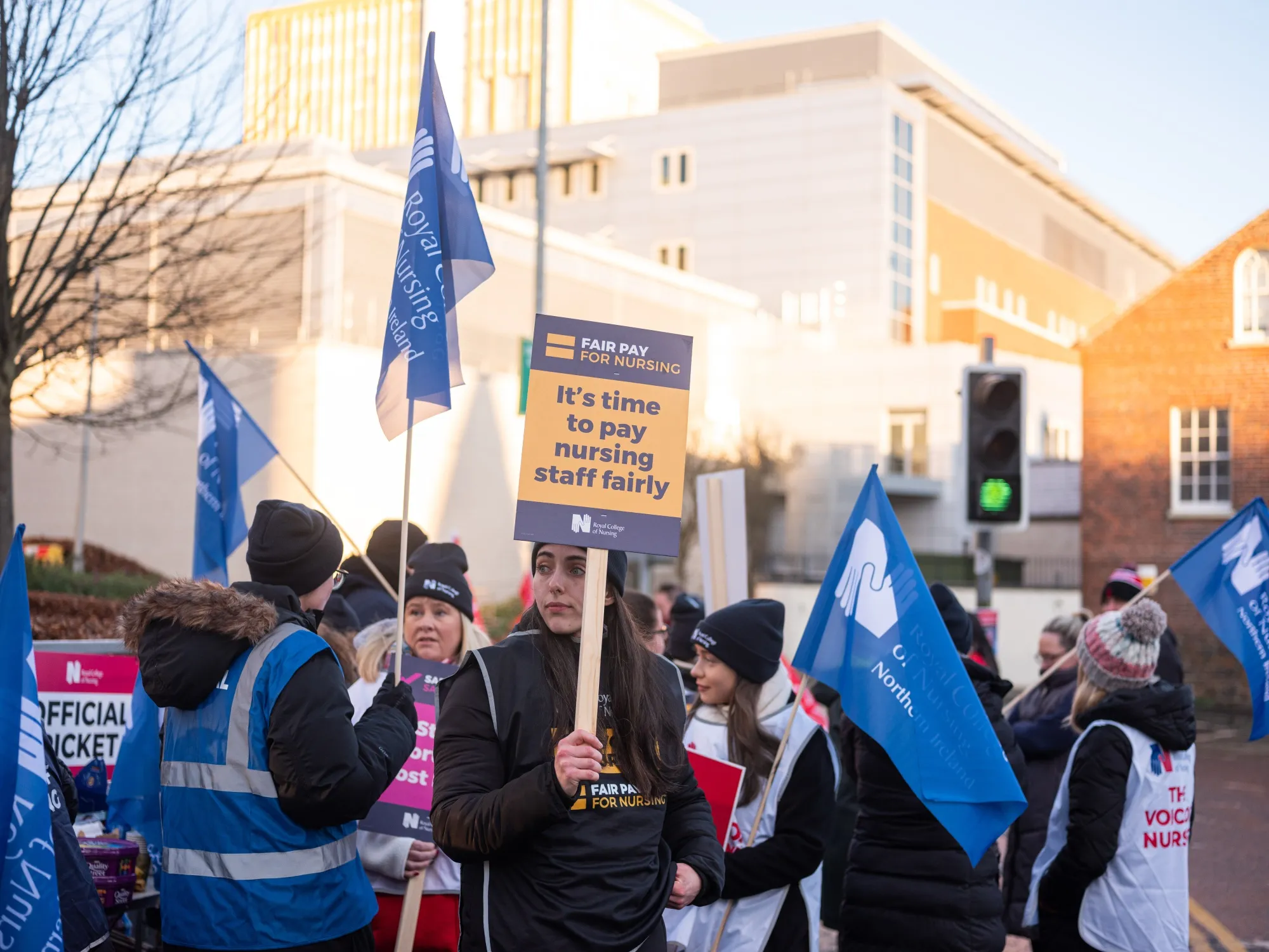 Members of the Royal College of Nursing at a picket line outside Belfast City Hospital in Belfast, Northern Ireland, on Jan. 18.