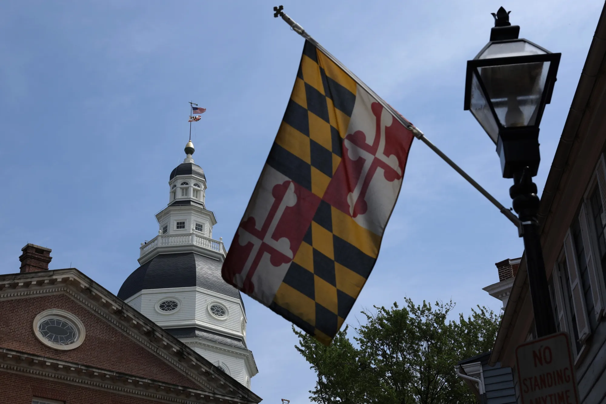 A&nbsp;Maryland State flag in front of&nbsp;the Maryland State House&nbsp;in Annapolis.