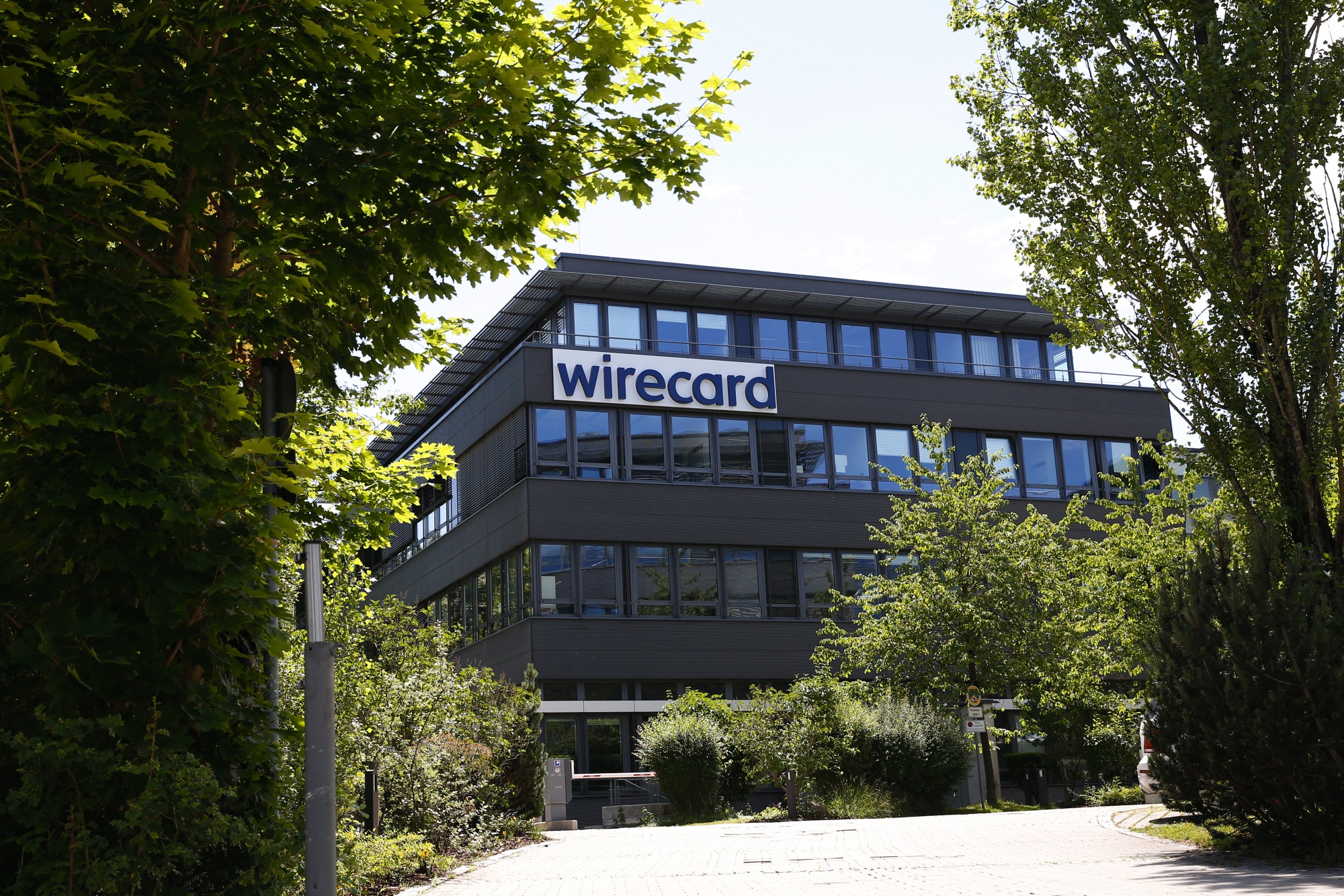 The Wirecard AG logo sits on the company's headquarters&nbsp;in Munich.