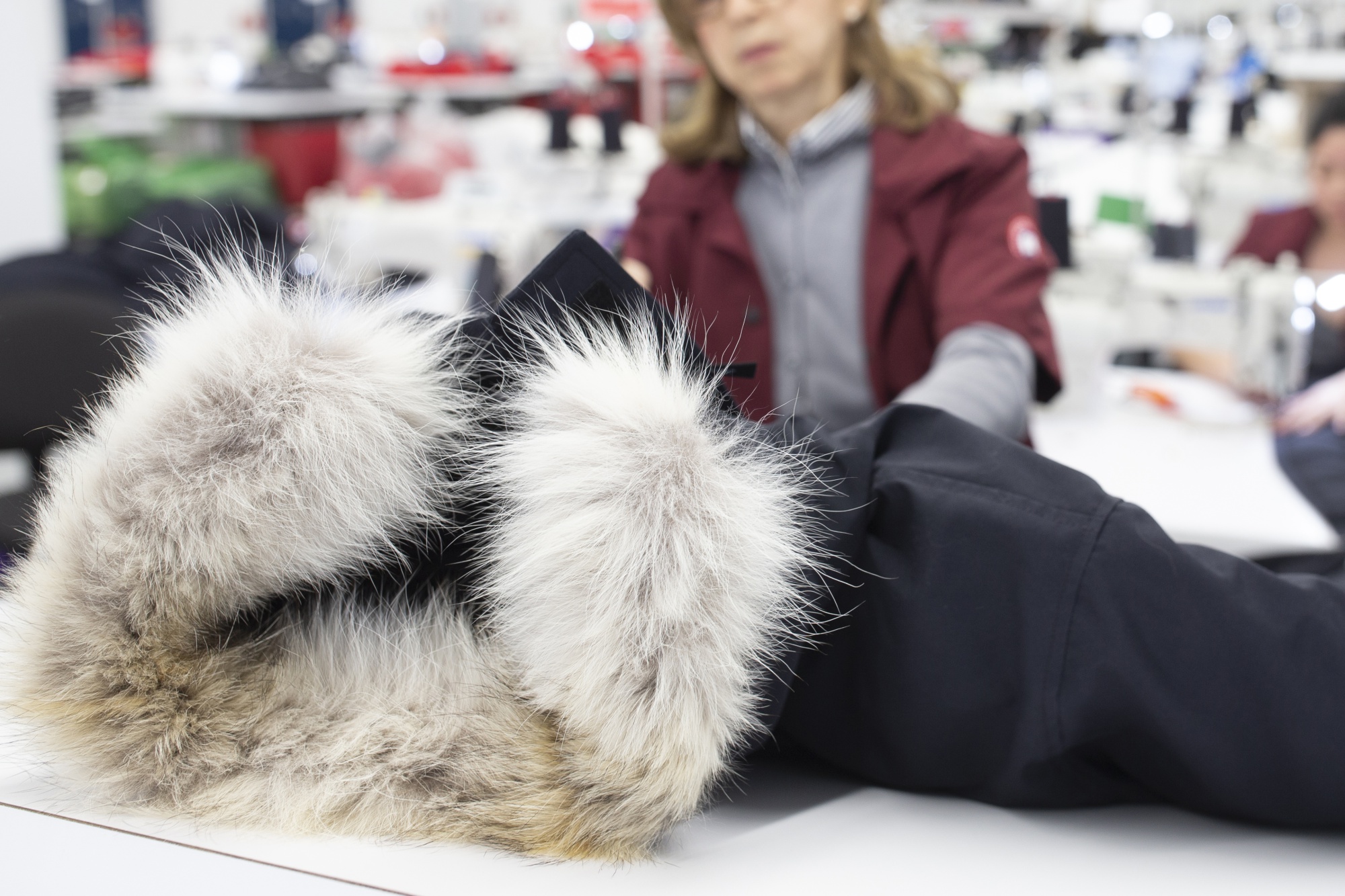 A finished jacket with a fur collar at the Canada Goose&nbsp;manufacturing facility in Montreal.