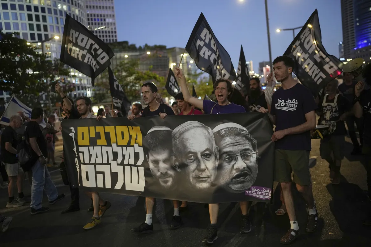 A protest against the Netanyahu government, calling for the war to end and hostages to be immediately freed, in Tel Aviv on July 5.
